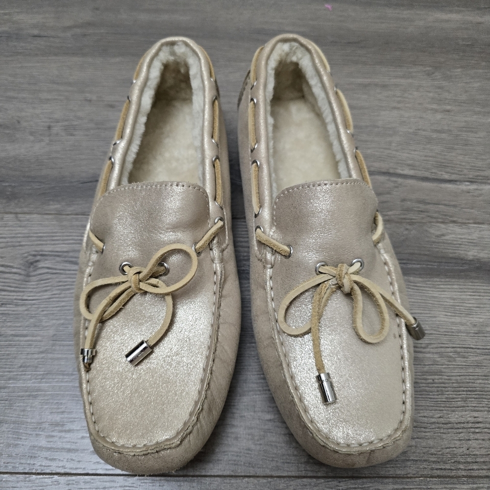 Cole Haan Driver Slippers Bow Tie Gold Metallic Faux Fur Baddie Preppy Size 8